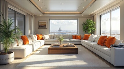 Fototapeta premium Spacious modern living room with orange accents, overlooking a serene ocean view with a sailboat