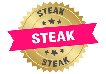 steak. steak round pink and gold label isolated on transparent background