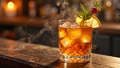 Vibrant whiskey sour with lemon and ice on rustic bar, evening indulgence