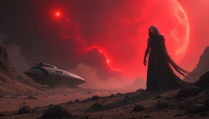 Cloaked figure stands near crashed spacecraft on desolate red planet