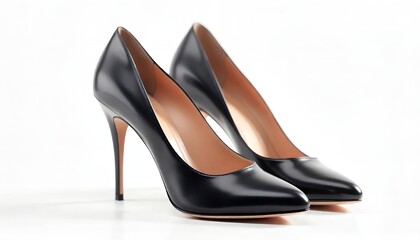 Two black leather high heel shoes are displayed elegantly