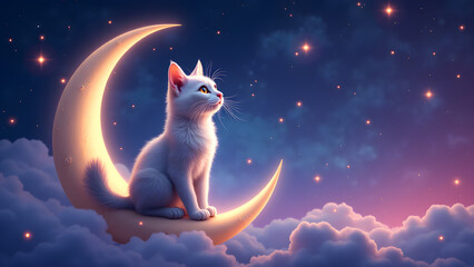 "A fluffy cat sits on a glowing crescent moon, surrounded by a vibrant starry sky. Magical orbs float nearby, creating a serene and enchanting atmosphere. Perfect for fantasy lovers!"