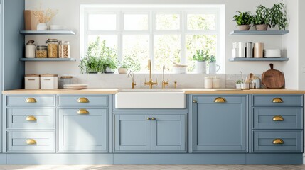 A kitchen with a blue countertop and cabinets, a sink, and a window