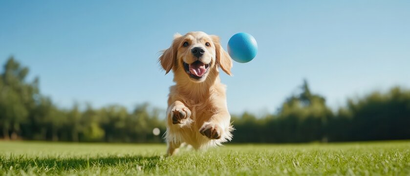 Happy dog leaping to catch ball in mid air on sunny day
