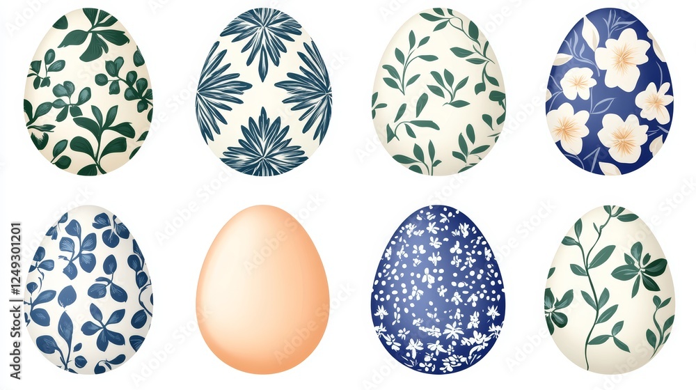Poster assorted decorative easter eggs with botanical patterns and solid color on white backdrop.