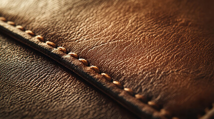 Close-up of luxurious brown leather wallet corner showcasing rich texture and elegant stitching