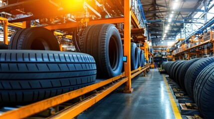 A bustling tire manufacturing facility showcasing rows of tires on assembly lines under bright lights