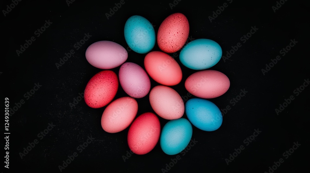Poster assorted easter eggs displayed on dark background overhead colorful arrangement.