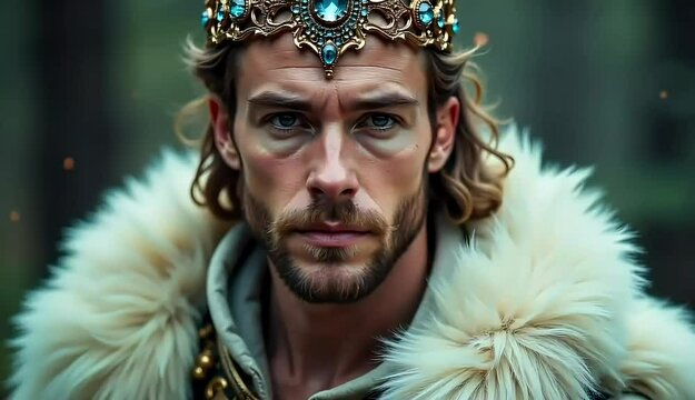 Intense Gaze, Regal Man with Jeweled Crown and Luxurious Fur Cloak