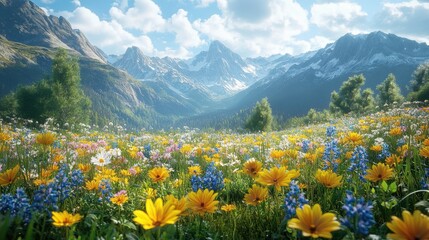 Fototapeta premium Serene mountain landscape with wildflowers