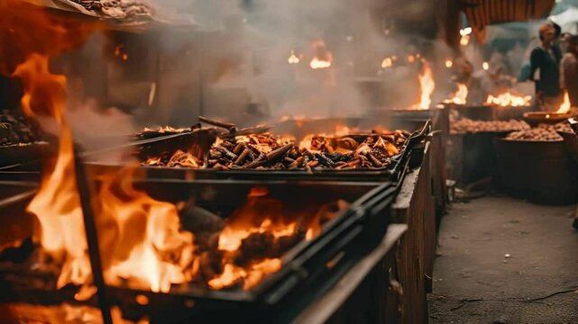 burning wood flames in a bustling outdoor market. smoke rising from open grills in a vibrant market scene. lively flames and hazy atmosphere of a market grill setup.