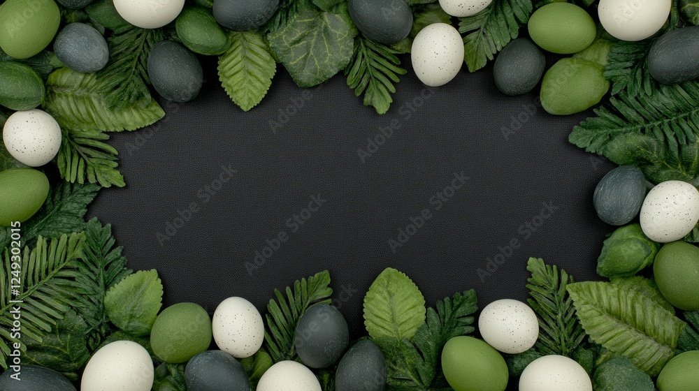 Poster assorted eggs and leaves frame on dark background with copy space for text or logo element.