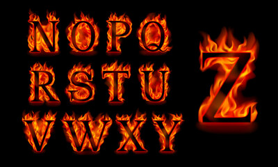 Fire alphabet letters N, O, P, Q, R, S, T, U, V, W, X, Y, Z isolated on a black background. Black serif font in orange flames. Vector illustration.
