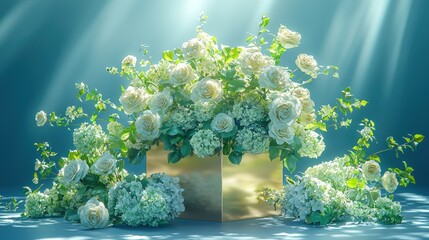 Golden box, white roses and hydrangeas, studio, light rays