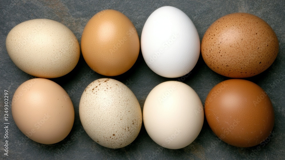 Poster assorted eggs on textured background in row arranged food display raw cooking ingredient.