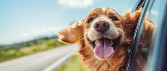 Happy dog enjoying a car ride on a sunny day