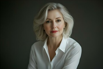 A mature woman with wavy grey hair and a neutral expression, wearing a white shirt against a dark backdrop. Concept Mature Woman Portrait, Wavy Grey Hair, Neutral Expression, White Shirt
