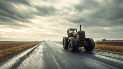 Fototapeta premium A vintage tractor on a wet road under a cloudy sky, symbolizing rural life and agriculture.
