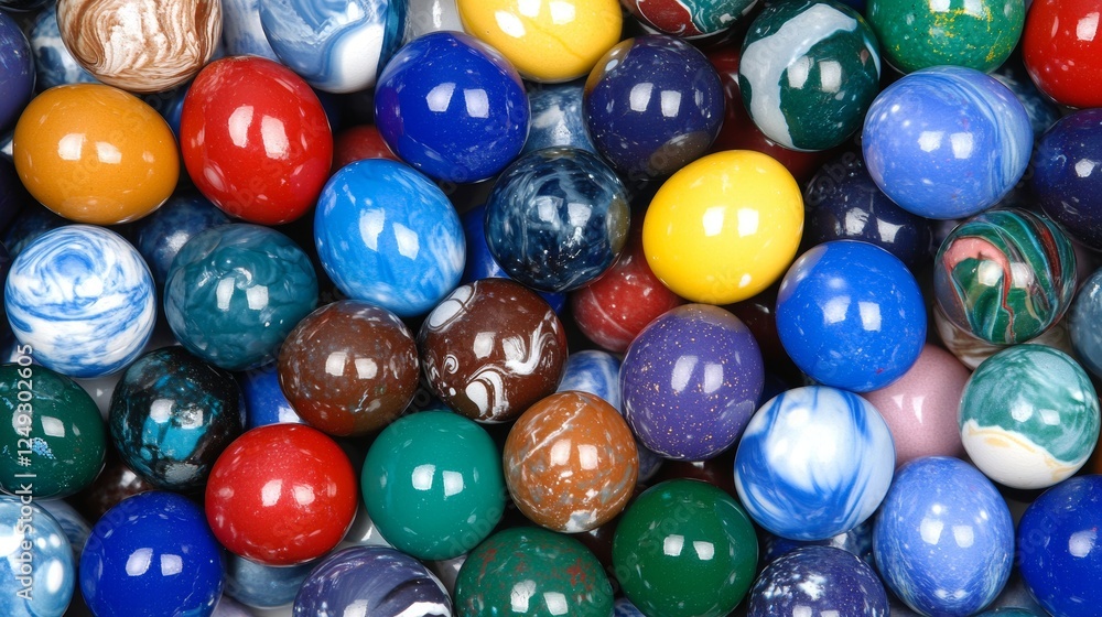 Poster assorted glass spheres close up displaying numerous colors and textures in a large grouping.