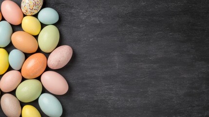 Obraz premium Assorted Pastel Eggs Layed On Dark Flat Background For Easter Holiday Celebration Decoration.