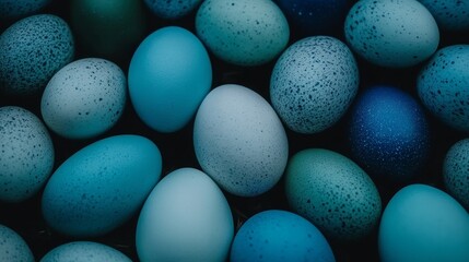 Assorted Speckled Teal Blue Eggs Scattered on Dark Surface in Overhead Still Life Arrangement.