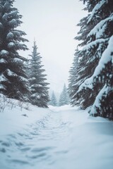 Fototapeta premium A snowy path through a forested area. The trees are laden with snow, and the ground is covered as well.