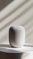 Minimalist white smart speaker with rounded edges in modern living space setup