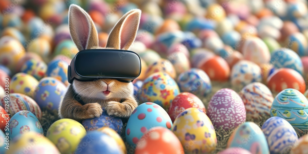 Poster a rabbit wearing a virtual reality headset is standing in a field of colorful eggs. the scene is pla