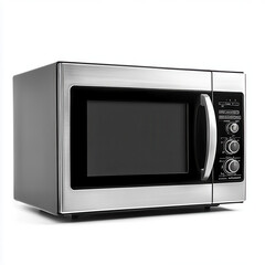 Fototapeta premium Stainless Steel Microwave Oven: A sleek, modern microwave oven in brushed stainless steel, showcasing its clean lines and user-friendly interface. The appliance is angled slightly.