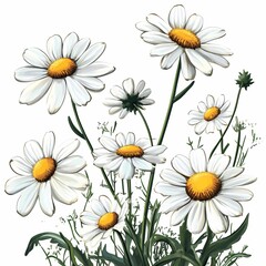 Fototapeta premium A patch of white daisies with yellow centers on a white background