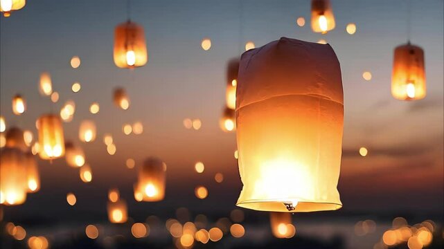Colorful lanterns illuminated at dusk, floating in the sky against a blurred background of shimmering lights.