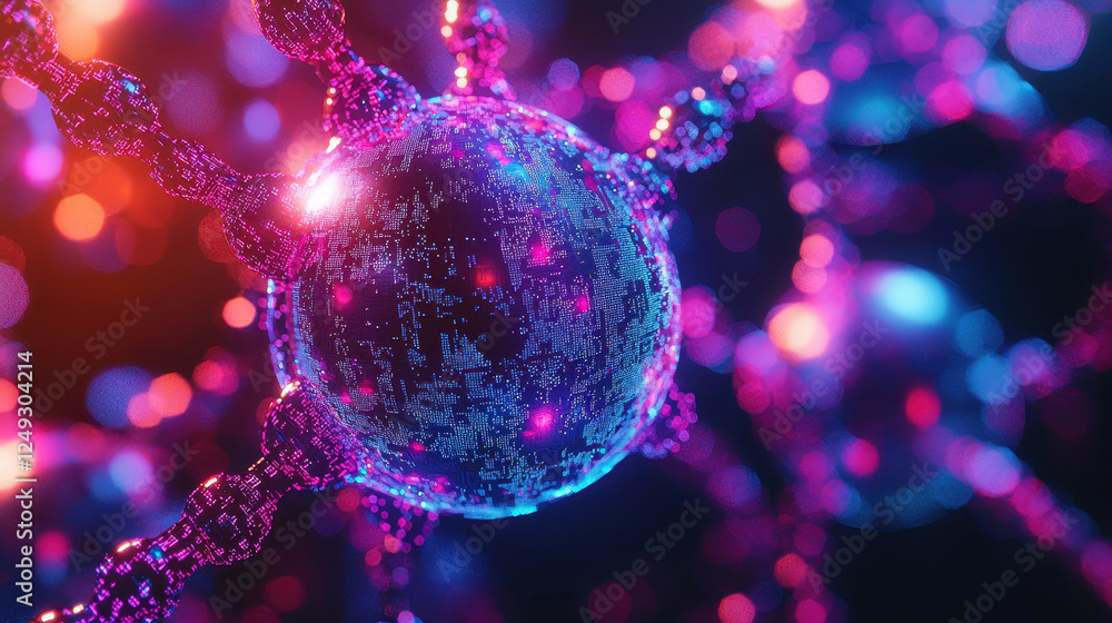 Aufkleber exploration of a glowing blockchain core with intricate cybernetic designs and vibrant nodes