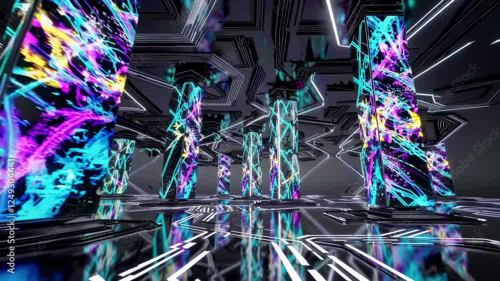 Fototapete experience a mesmerizing animated space filled with vibrant neon lights and reflective surfaces in a