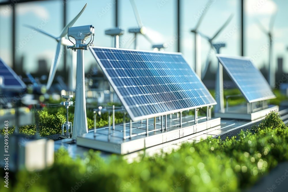 Poster renewable energy testing facility with prototype wind turbines and solar panels exploring alternativ