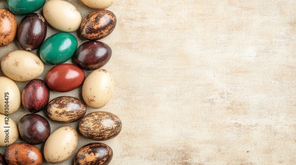Aufkleber assortment of variegated eggs on textured surface in group display for visual variety and contrast.
