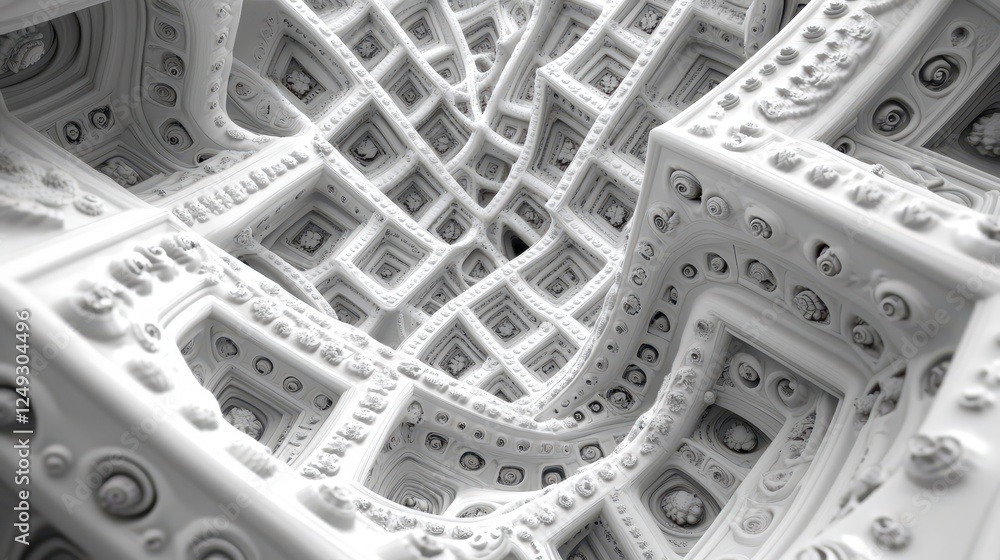 Poster Abstract white fractal architecture; swirling, complex structure; digital art; background for design