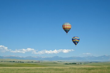 Obraz premium Two Hot Air Balloons Over Green Fields and Mountains