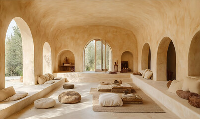 Earth-toned living room with arched windows, built-in seating, cushions, and a view of trees, ideal for relaxation or retreats
