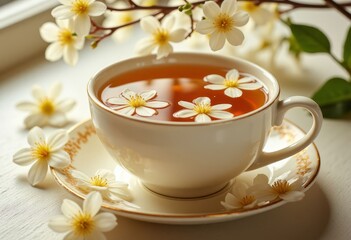 Tea cup with blossoms and floating flowers