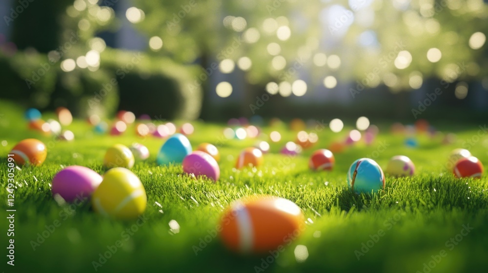 Aufkleber a field of grass with many colorful eggs scattered throughout. the eggs are of various sizes and col