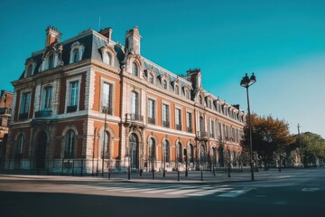 Fototapeta premium Historical architecture in Paris showcases intricate details and vibrant colors under a clear blue sky during a sunny day