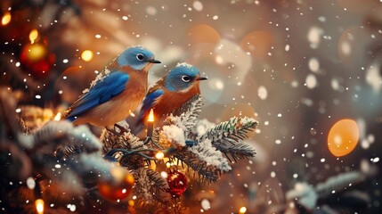 A pair of cheerful bluebirds perched on a decorated Christmas tree branch, surrounded by twinkling lights and glistening ornaments, with snow softly falling in the background.