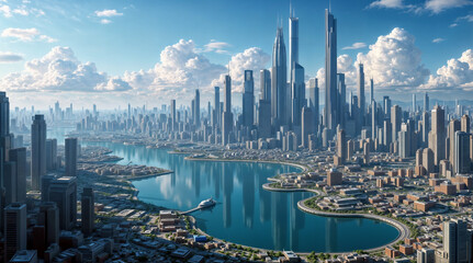 Fototapeta premium Futuristic city skyline view. Modern city skyscrapers, cityscape. Urban landscape with river.