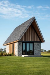 Obraz premium A contemporary small house featuring a charming exterior of stone and wood, nestled amidst a vibrant, lush green lawn underneath a bright blue sky on a beautiful sunny day