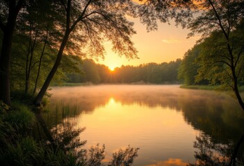 Obraz premium Tranquil lake shrouded in mist at sunrise framed by trees