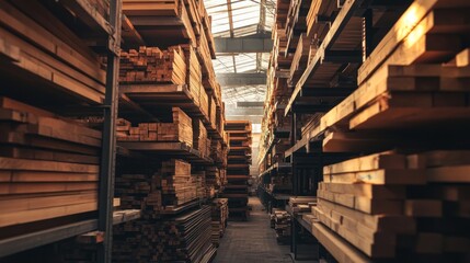 A warehouse filled with neatly stacked wooden planks and beams.