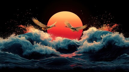 Cranes flying over ocean waves at sunset