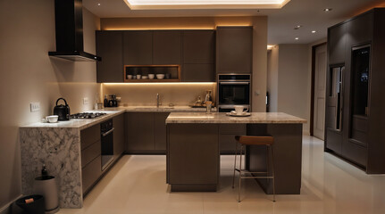 Modern kitchen interior with island. Contemporary kitchen design with marble countertop. Stylish kitchen cabinets, oven and lighting.
