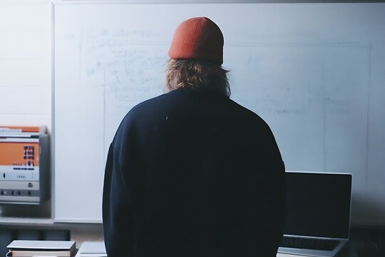 Person Concentrating on Whiteboard in Office