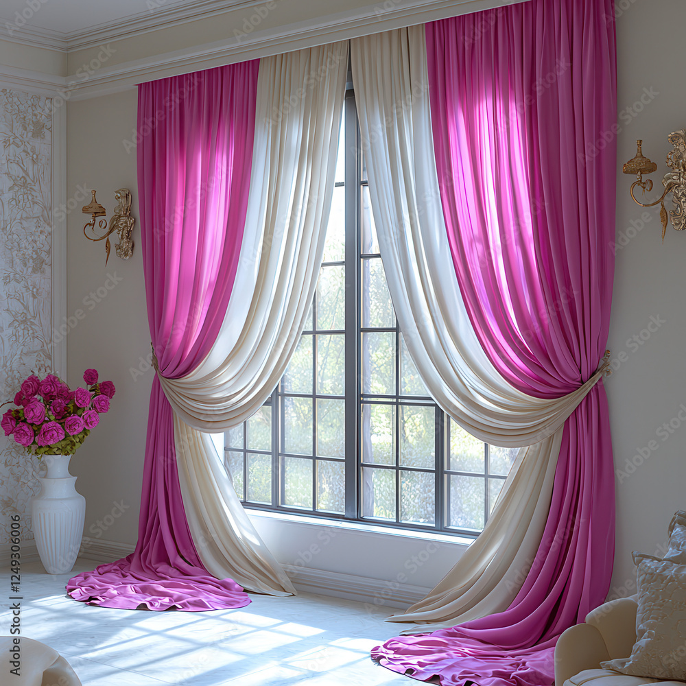 Wall mural Pink and Cream Curtains: A window is adorned with luxurious, flowing curtains in shades of pink and cream. The soft, ethereal fabric creates a sense of elegance and tranquility.